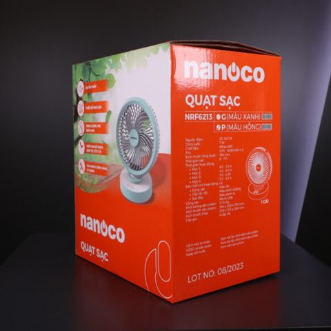 Quạt sạc 6inch Nanoco model NRF6213, có xoay, màu xanh, màu hồng, dùng tối đa 7.5 giờ