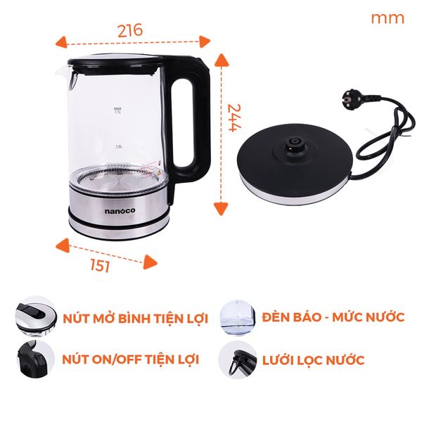 Bình đun siêu tốc thủy tinh cao cấp Nanoco model NKT1790 dung tích 1.7 lít (có bộ lọc chóng cặn linh hoạt tháo rời)
