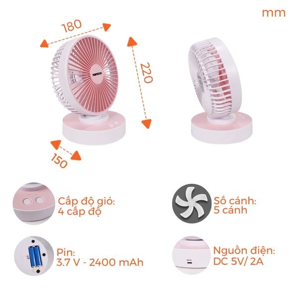 Quạt sạc điện mini Nanoco model NRF6215 (5 cánh, công suất 5W)