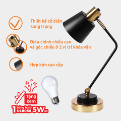 Đèn bàn E27 cổ điển sang trọng Nanoco model NDKC04IB (không bóng) + tặng kèm 1 bóng Led bulb đui E27- 5W