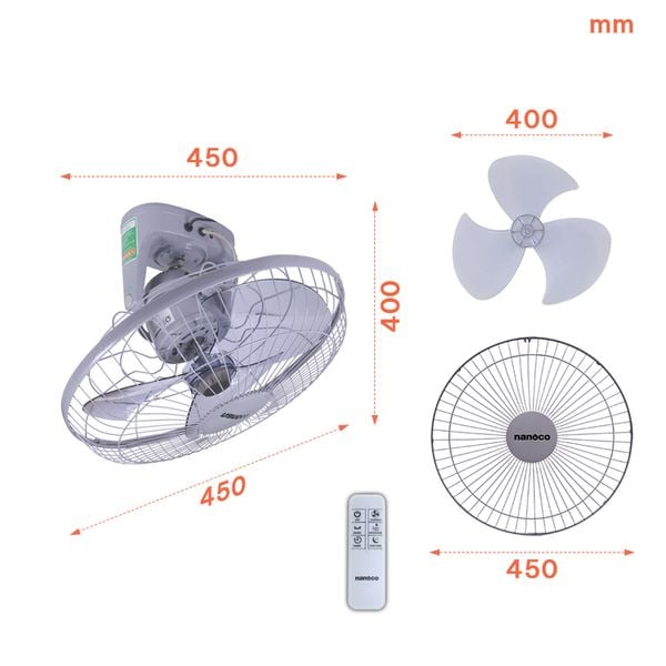 Quạt đảo có remote Nanoco model NOF1603G-RC màu xám (3 cấp độ gió, công suất 47w)