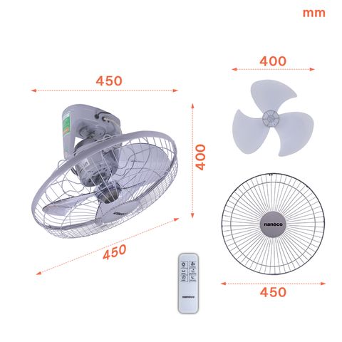 Quạt đảo có remote Nanoco model NOF1603G-RC màu xám (3 cấp độ gió, công suất 47w)