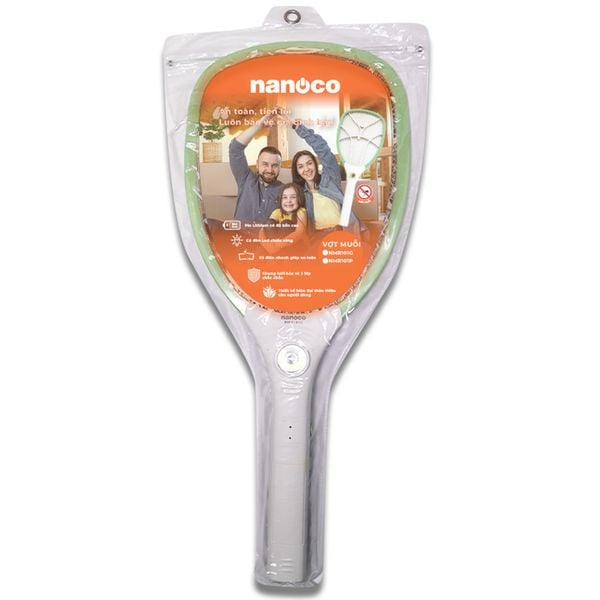 Vợt muỗi Nanoco màu xanh lá model NMR101G (pin lithium 14500h - 220V, có đèn LED chiếu sáng, chất liệu nhựa PP)