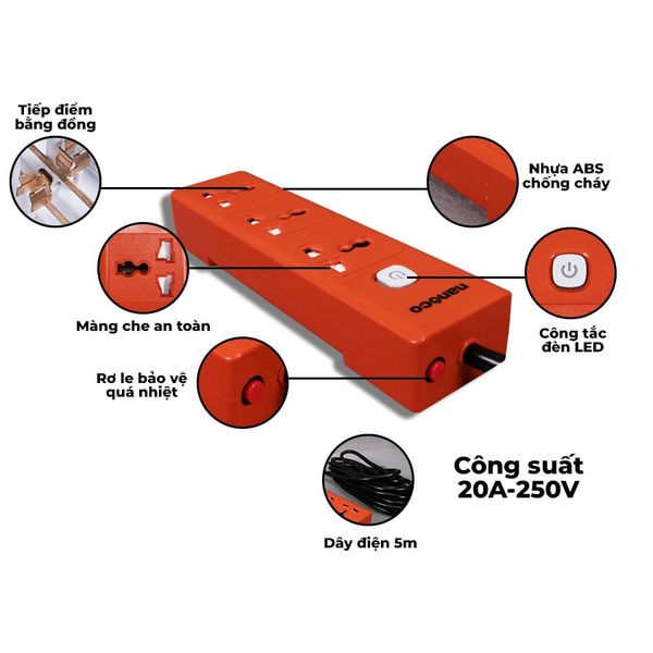 Ổ cắm có dây Nanoco model NES3320-5 (3 ổ đa năng,1 công tắc, dây điện 5m)