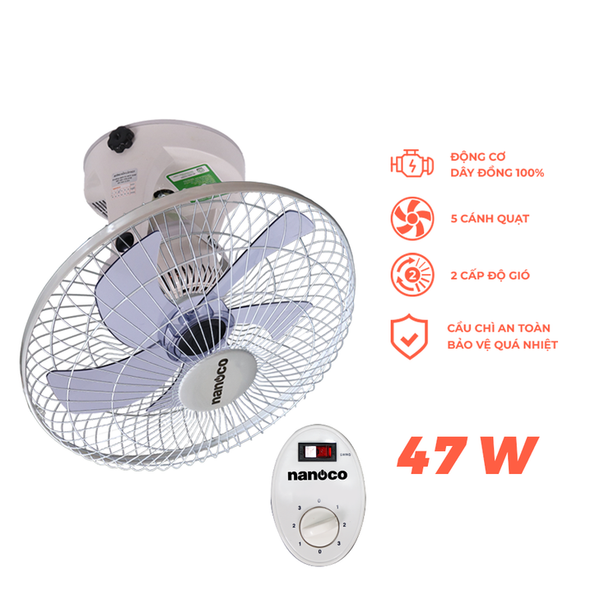 Quạt đảo cơ 5 cánh Nanoco model NOF1609 màu trắng (3 cấp độ gió, công suất 47w)