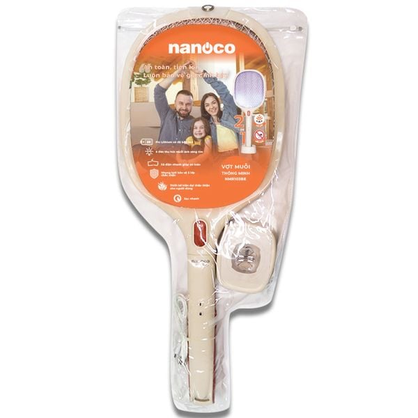 Vợt muỗi Nanoco màu kem model NMR103BE (pin lithium 18650h-220V, cổng sạc Micro USB 5V, dây sạc, đế cắm đi động)