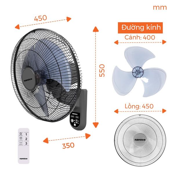 Quạt treo tường Nanoco model NWF1615RC-GR màu ghi (3 chế độ gió, công suất 47W)
