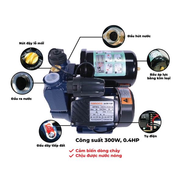 Máy bơm nước nóng tăng áp điện tử Nanoco model NCPS128-A/ 200-A/ 300-A/ 400-A (Công suất 128W, 200W,300W, 400W) - KHÔNG BAO GỒM LẮP ĐẶT