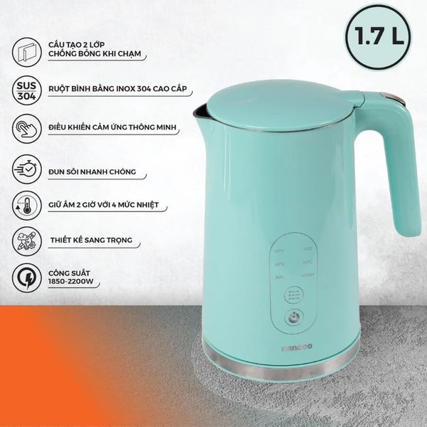 Bình đun siêu tốc cảm ứng Nanoco model NKT1791 màu xanh ngọc dung tích 1.7L