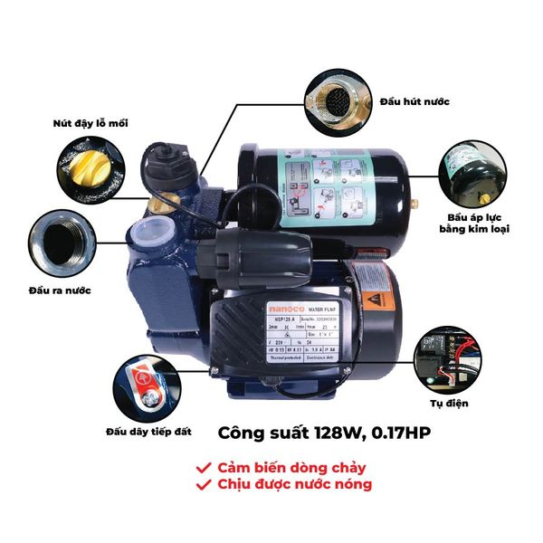 Máy bơm nước nóng tăng áp điện tử Nanoco model NCPS128-A/ 200-A/ 300-A/ 400-A (Công suất 128W, 200W,300W, 400W) - KHÔNG BAO GỒM LẮP ĐẶT
