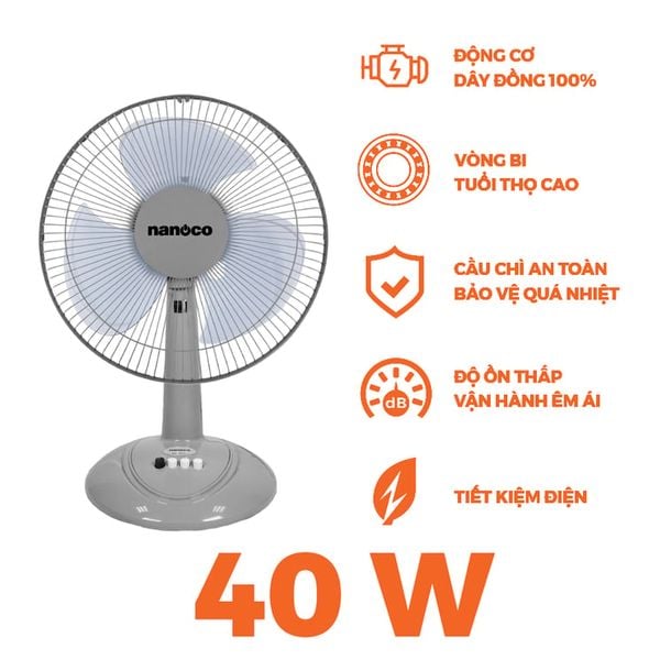 Quạt bàn Nanoco model NTF1207G màu xám (3 chế độ gió, công suất 47W)