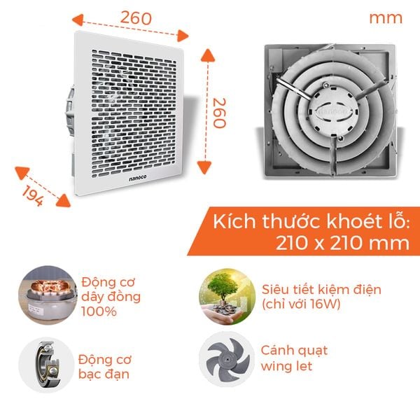 Quạt hút Nanoco âm trần không sử dụng ống dẫn model NCV1520/ NCV2020 (công suất 16W, 21W) - KHÔNG BAO GỒM LẮP ĐẶT
