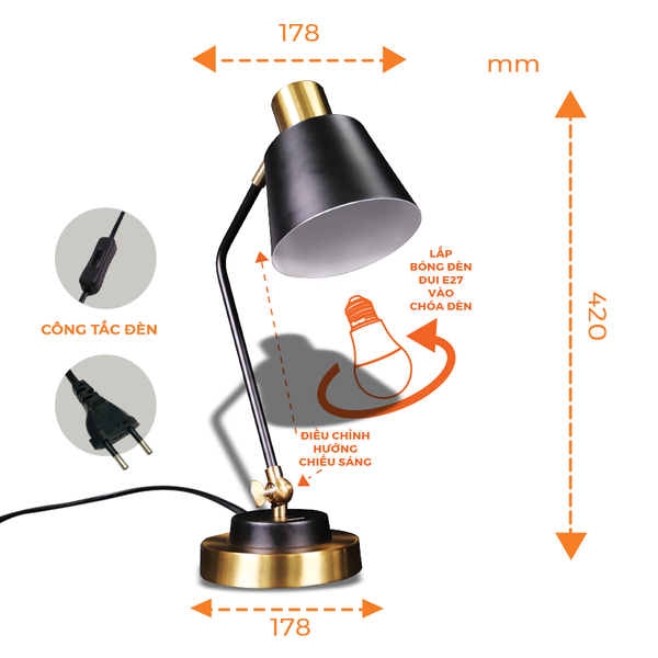 Đèn bàn E27 cổ điển sang trọng Nanoco model NDKC04IB (không bóng) + tặng kèm 1 bóng Led bulb đui E27- 5W