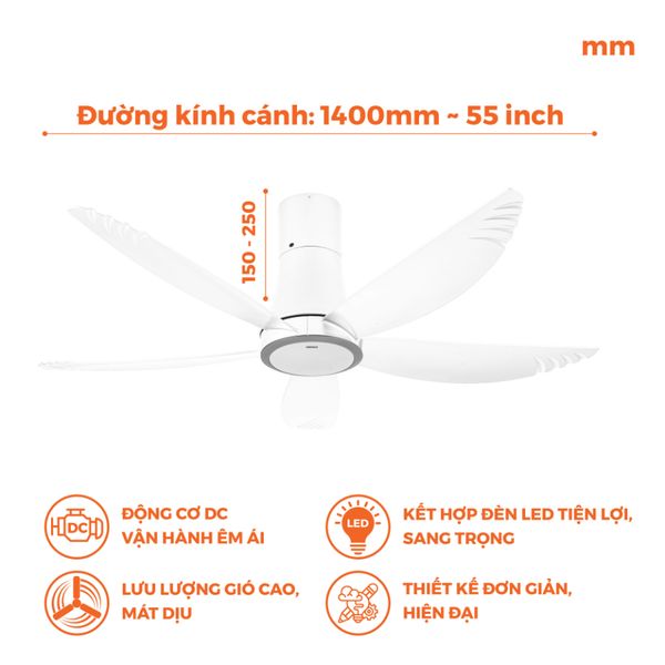 Quạt trần 5 cánh - Đèn Led có remote Nanoco model NCF5653-WL ( Công suất 69W, động cơ DC)
