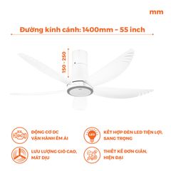 Quạt trần 5 cánh - Đèn Led có remote Nanoco model NCF5653-WL ( Công suất 69W, động cơ DC)