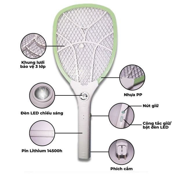 Vợt muỗi Nanoco màu xanh lá model NMR101G (pin lithium 14500h - 220V, có đèn LED chiếu sáng, chất liệu nhựa PP)