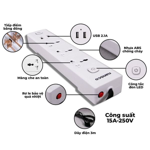 Ổ cắm có dây Nanoco model NES332U (3 ổ đa năng, 2 USB, 2 công tắc, dây điện 3m và 5m)