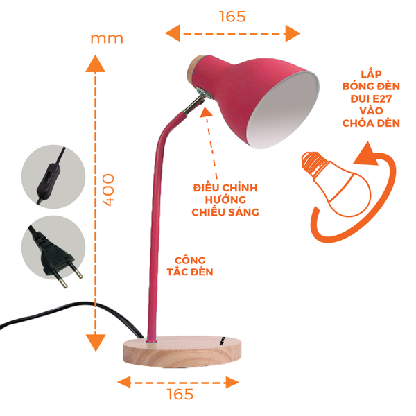 Đèn bàn E27 Nanoco đế gỗ model NDKC03 (không bóng) + tặng kèm 1 bóng Led bulb đui E27- 5W