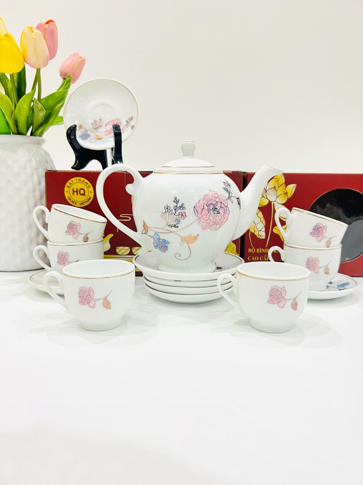  [Ấm chén in logo] Bộ Bát Tràng dáng Minh Long vẽ hoa hồng LHCEVN-0035 