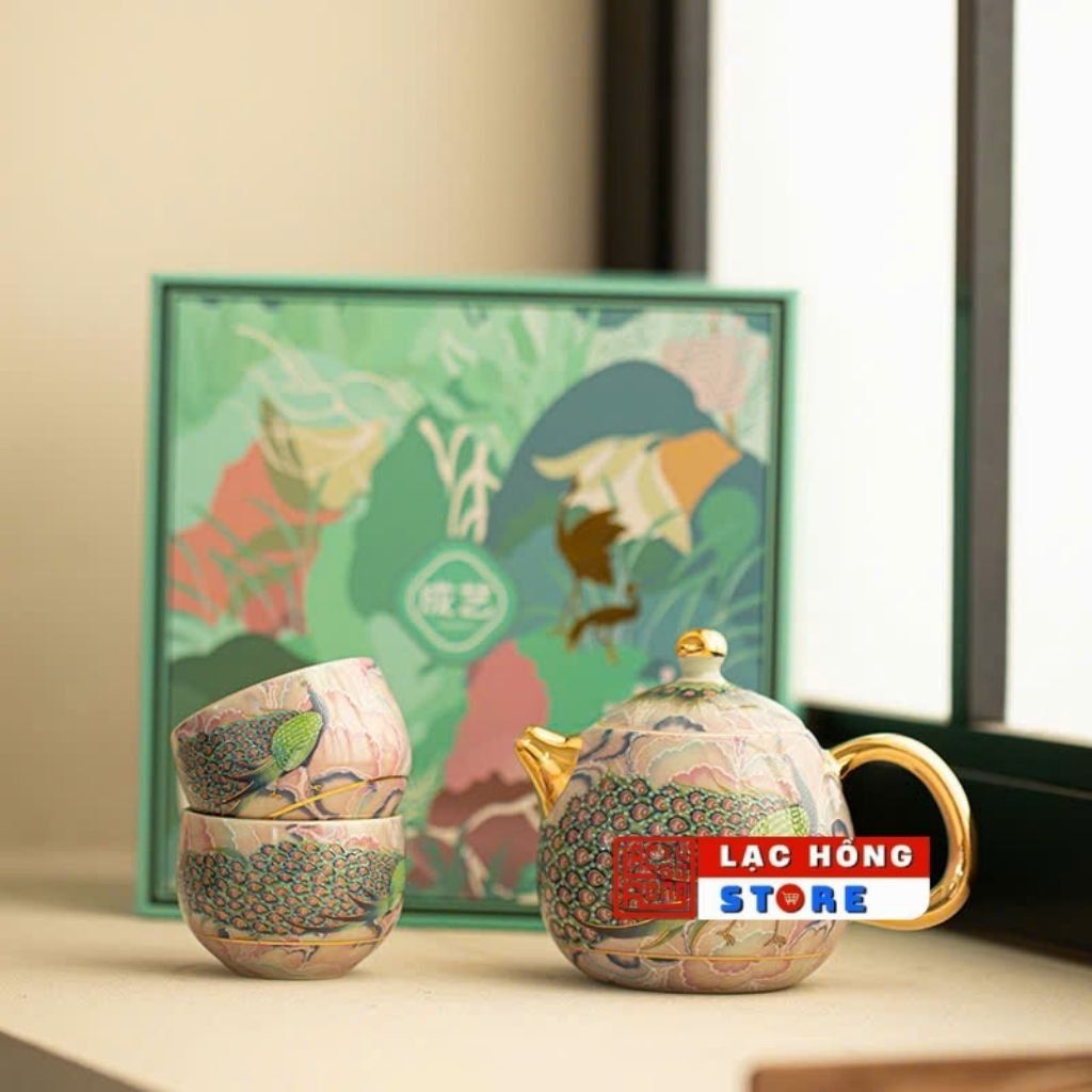 Bộ ấm chén sứ men màu họa tiết chim công LHCECN-9133