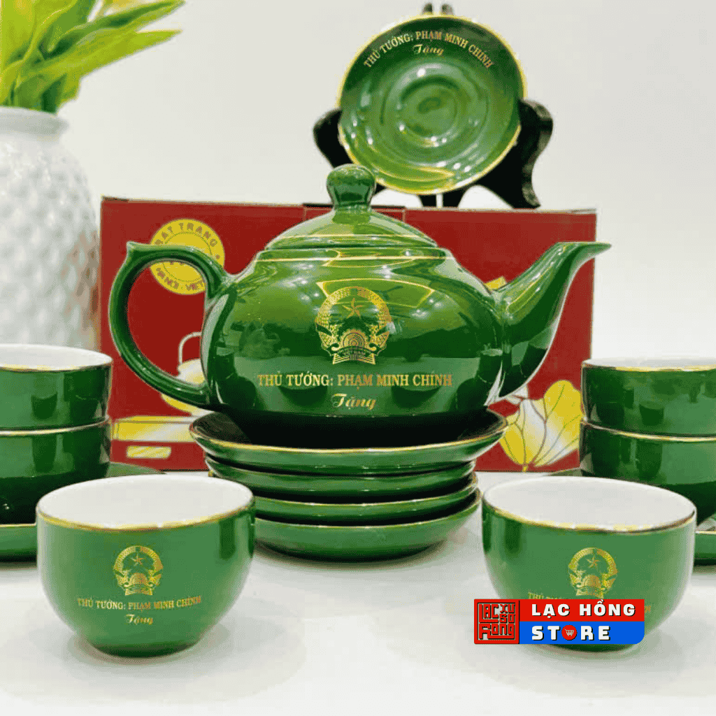  [Ấm chén in logo] Bộ ấm trà Bát Tràng dáng Đèn thần 3 in Quốc huy Việt Nam LHCEVN-0483 
