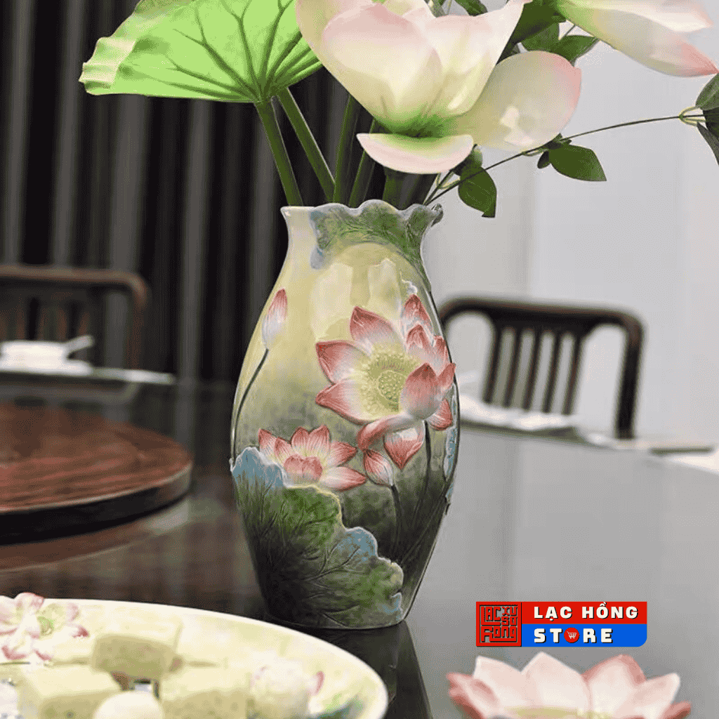 Bình hoa Gốm Họa tiết hoa sen khắc nổi LHCEVN-0468