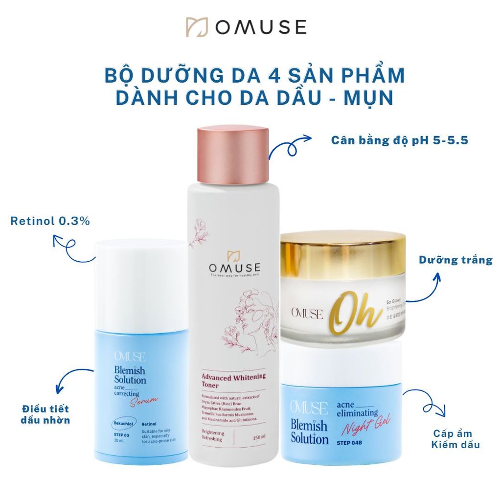 Bộ 4 dưỡng da toàn diện chống lão hóa và kiểm soát bã nhờn OMUSE dành cho da dầu