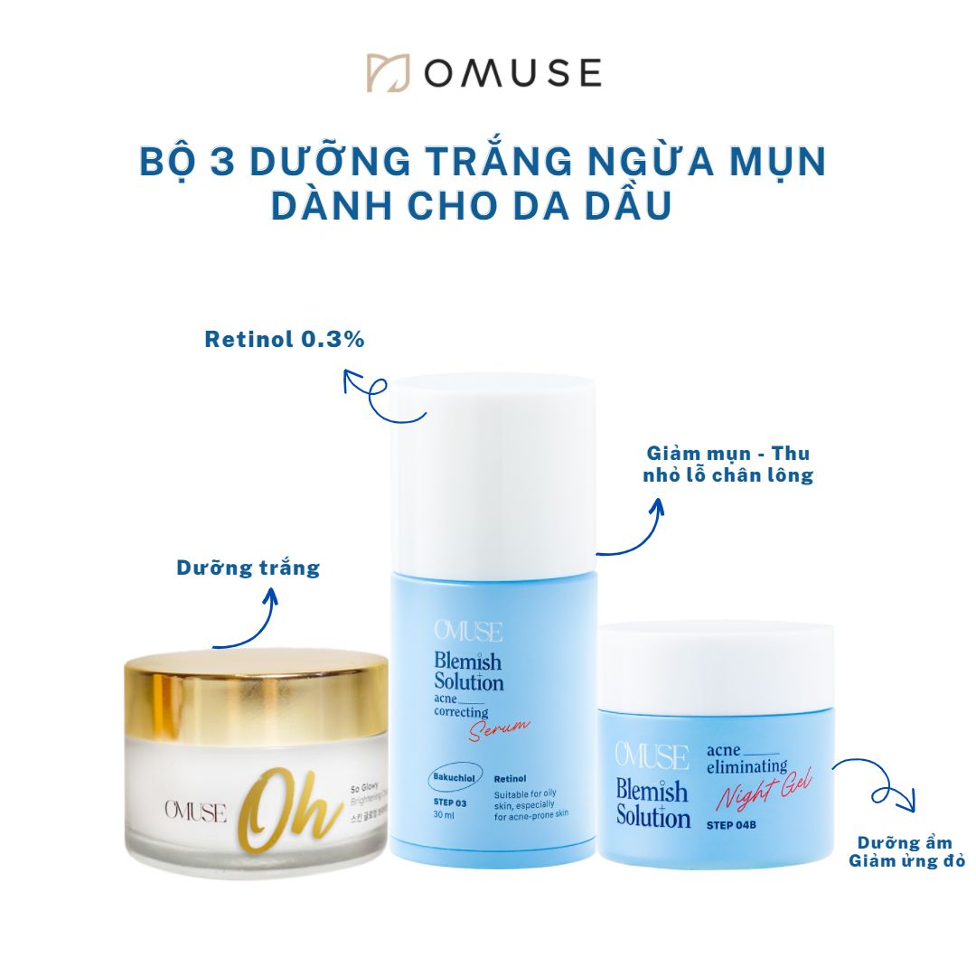 Bộ 3 dưỡng trắng da, chống lão hóa và kiềm dầu tiết kiệm cho da dầu OMUSE