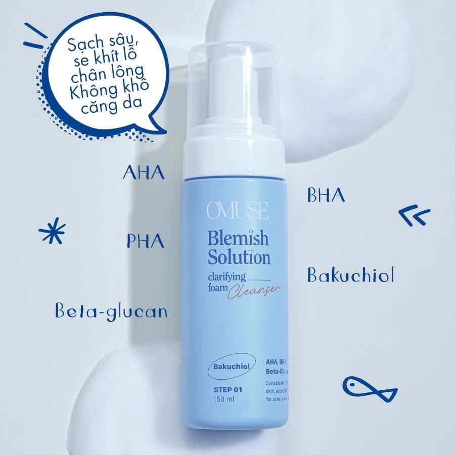 Sữa rửa mặt ngăn ngừa mụn kiềm dầu không khô da OMUSE Blemish Solution Clarifying Foam Cleanser 150ml dạng bọt tiện lợi
