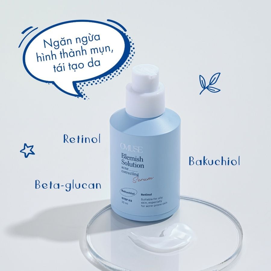 Serum giảm mụn chứa Bakuchiol cho da dầu mụn OMUSE Blemish Solution Acne Correcting Serum 30ml