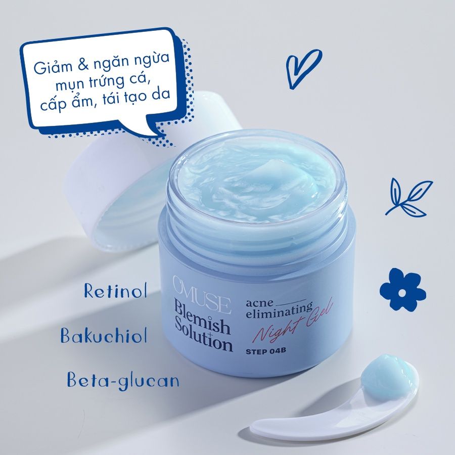 Kem dưỡng ẩm giảm mụn và cấp ẩm cho da dầu mụn OMUSE Blemish Solution Acne Eliminating Night Gel 50g