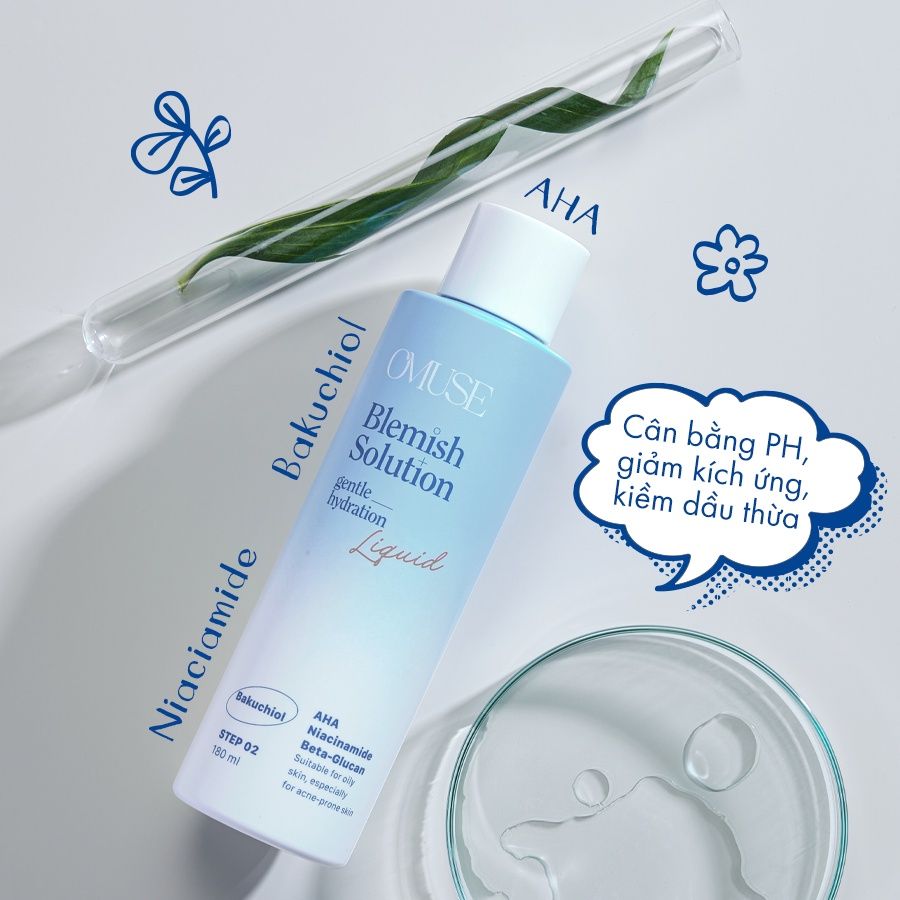 Nước hoa hồng AHA kiềm dầu và cân bằng độ ẩm OMUSE Blemish Solution Gentle Hydrating Liquid 180ml