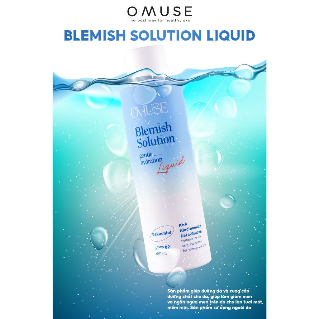 Nước hoa hồng AHA kiềm dầu và cân bằng độ ẩm OMUSE Blemish Solution Gentle Hydrating Liquid 180ml