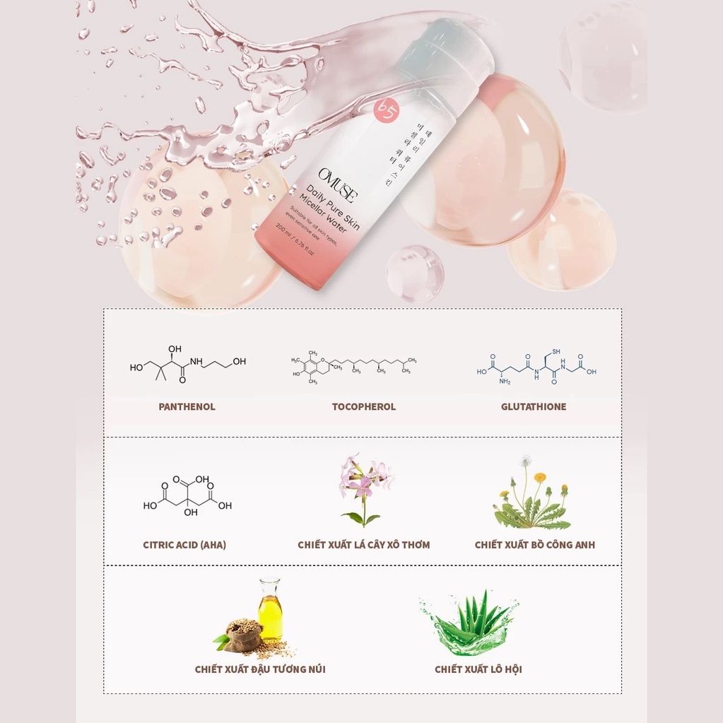 Nước tẩy trang làm sạch sâu dưỡng ẩm dịu nhẹ OMUSE Daily Pure Skin Micellar Water 200ml