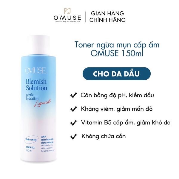 Nước hoa hồng AHA kiềm dầu và cân bằng độ ẩm OMUSE Blemish Solution Gentle Hydrating Liquid 180ml