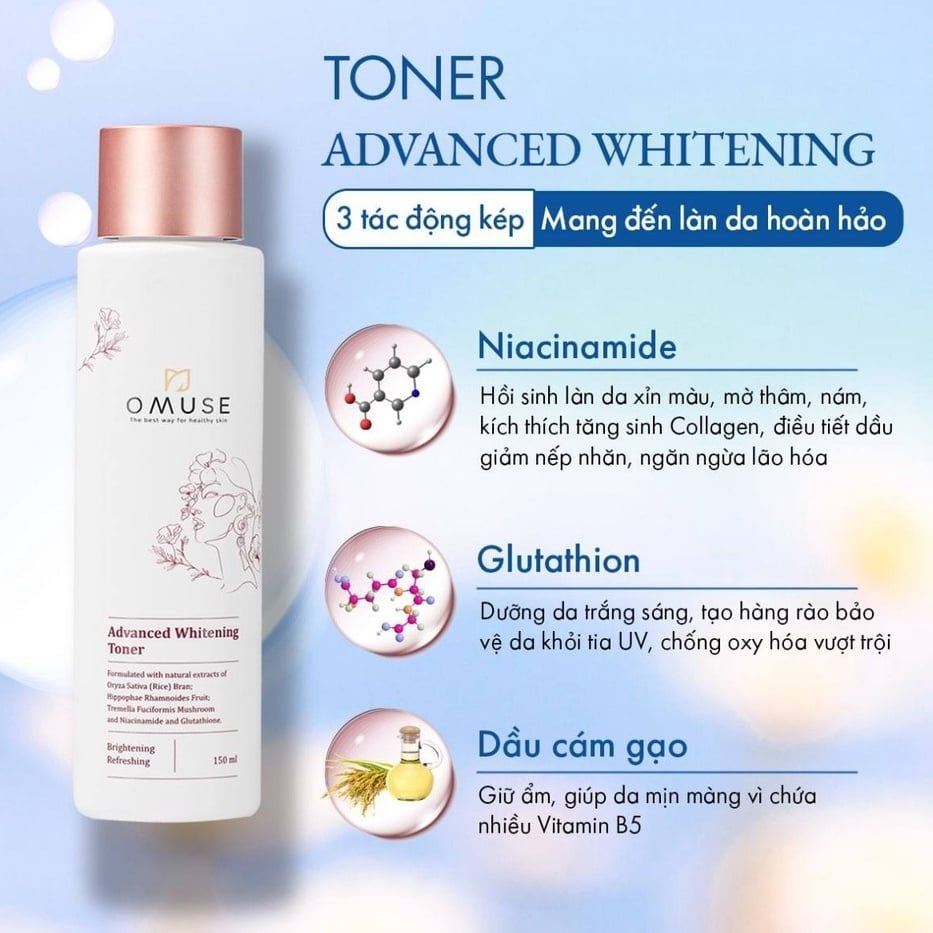 Nước hoa hồng dưỡng trắng và cân bằng độ ẩm da chiết xuất cám gạo OMUSE Advanced Whitening Toner 150ml