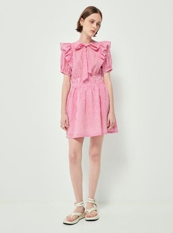 Đầm caro có dây thắt nơ dáng xòe màu hồng