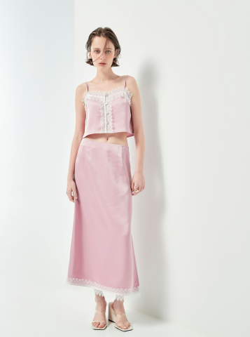 Set váy lụa 2 dây viền ren hồng
