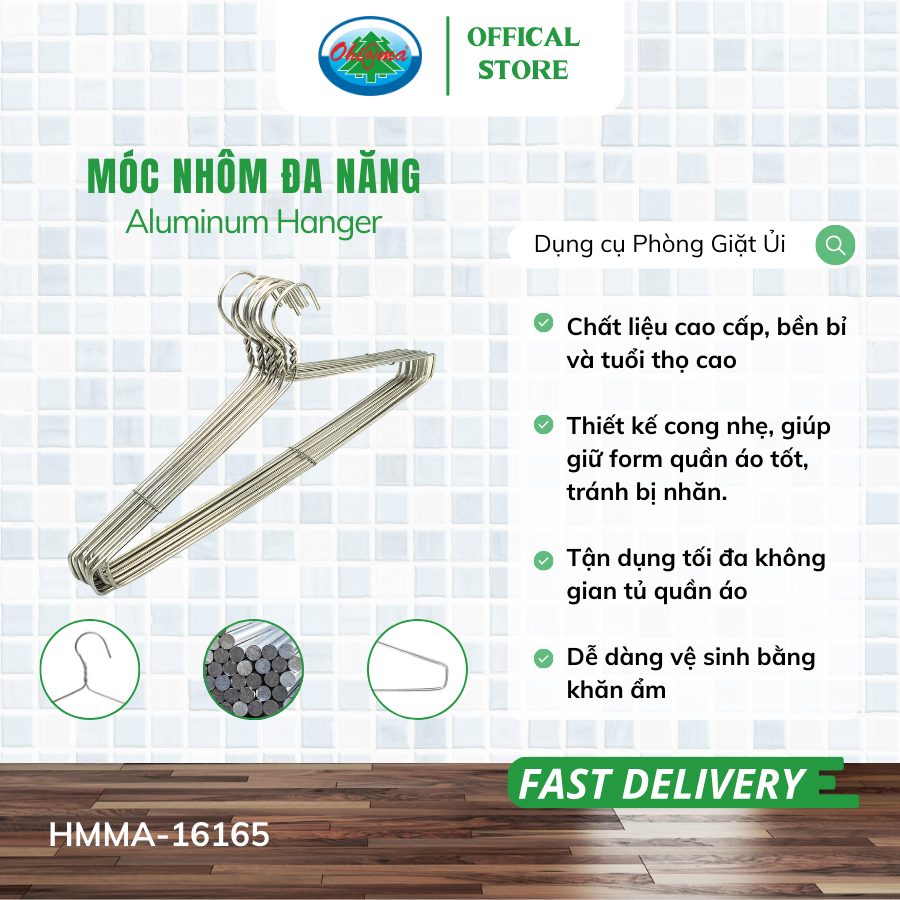  Set 3 vỉ (1 Vỉ x 10 chiếc ) Móc Nhôm Treo Quần Áo Ohiama Aluminum Hanger HMMA-16165 | Mắc Phơi Đồ Đa Năng 