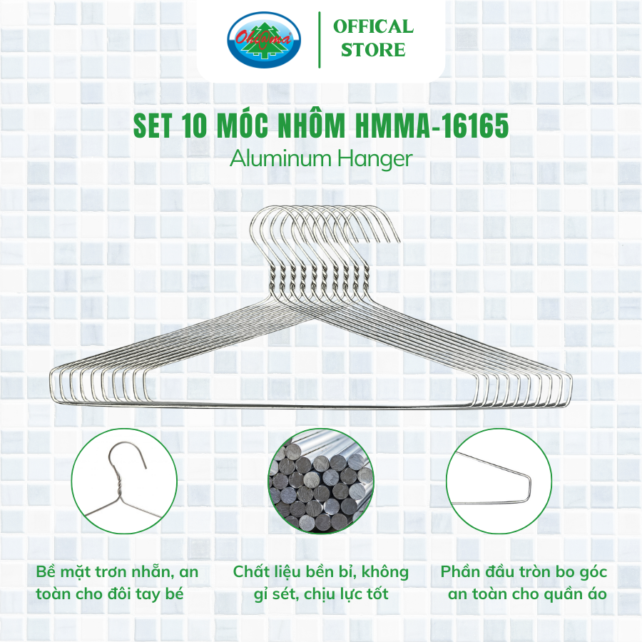  Set 3 vỉ (1 Vỉ x 10 chiếc ) Móc Nhôm Treo Quần Áo Ohiama Aluminum Hanger HMMA-16165 | Mắc Phơi Đồ Đa Năng 