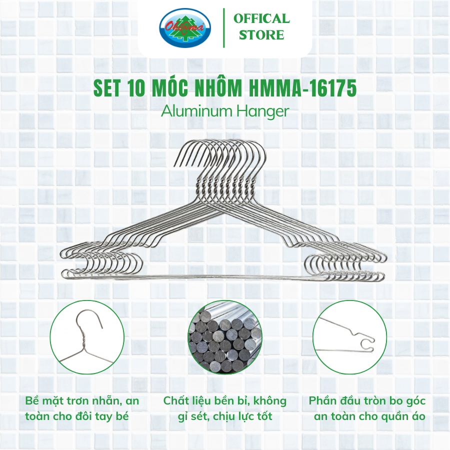  Set 3 vỉ (1 Vỉ x 10 chiếc ) Móc Nhôm Treo Quần Áo Ohiama Aluminum Hanger HMMA-16175 | Mắc Phơi Đồ Đa Năng 