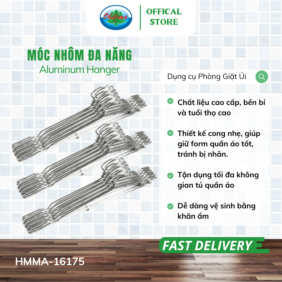  Set 3 vỉ (1 Vỉ x 10 chiếc ) Móc Nhôm Treo Quần Áo Ohiama Aluminum Hanger HMMA-16175 | Mắc Phơi Đồ Đa Năng 