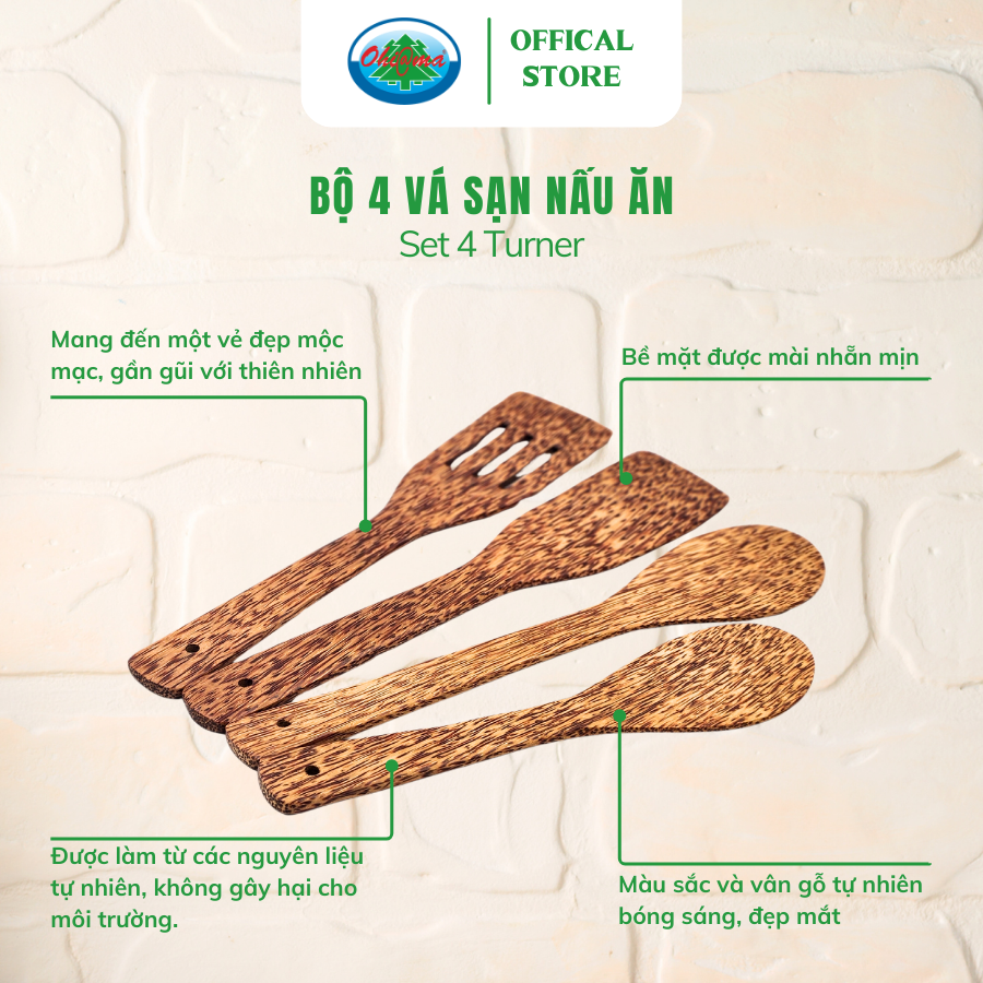  Combo 1 Sạn, 2 Vá, 1 Sạn Rãnh Gỗ Dừa Ohiama Set 4 Turner Bộ Dụng Cụ Nhà Bếp Nấu Ăn Đồ Thủ Công VNXK 