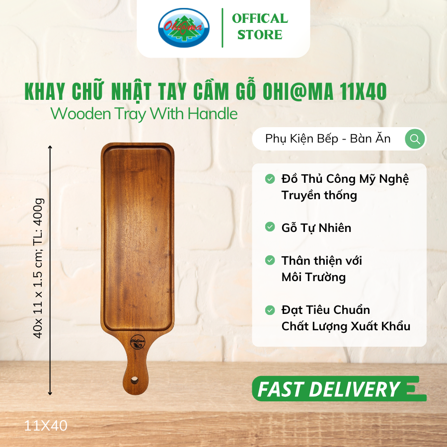  Khay Chữ Nhật Tay Cầm Gỗ Xà Cừ Ohi@ma Wooden Rectangle Tray With Handle 
