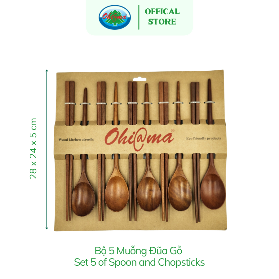  Bộ 5 Muỗng Đũa Gỗ Ohiama Wooden Spoon and Chopticks Set | Dụng Cụ Bếp Bàn Ăn Đồ Thủ Công VNXK 