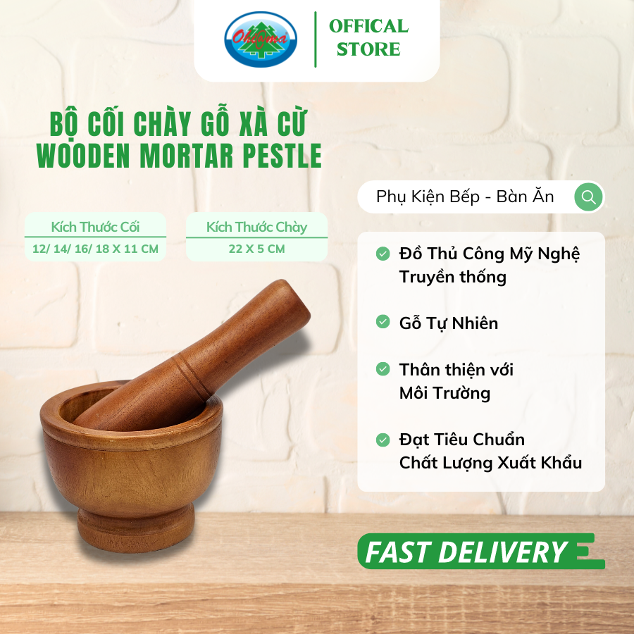  Bộ Cối Chày Gỗ Xà Cừ Tự Nhiên Ohi@ma Wooden Mortar Pestle 
