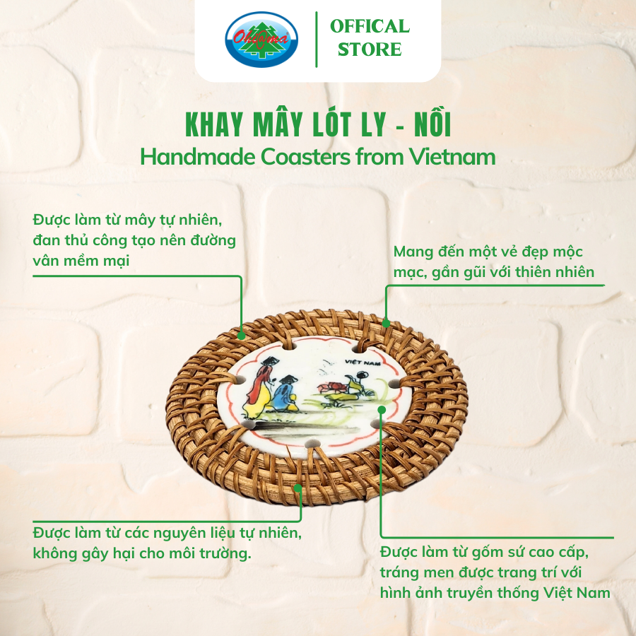  Lót Ly Nồi Mây Tâm Sứ Ohi@ma Handicraft Rattan Ceramic Plate HM39 