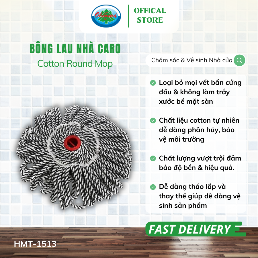  Bộ 3 Bông Lau Nhà Caro Tròn Ohi@ma Cotton Round Mop HMT-1513 Thay Thế Cây Lau Nhà Tự Vắt 
