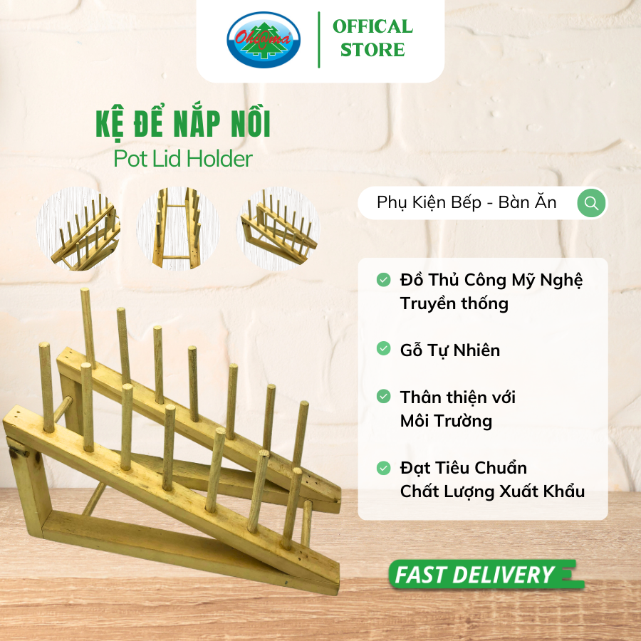  Kệ Để Nắp Dĩa Gỗ Ohiama Wooden Pot Lid Holder| Dụng Cụ Nhà Bếp, Bền Bỉ, Tiết Kiệm Không Gian, VNXK 