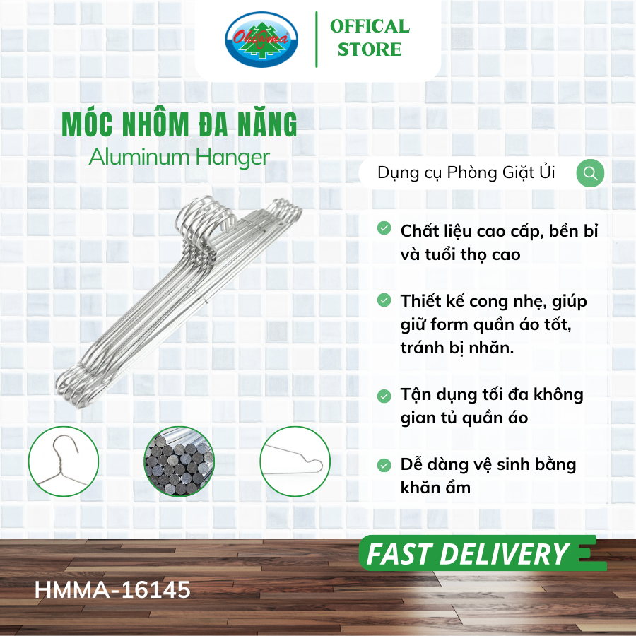  Set 3 vỉ (1 Vỉ x 10 chiếc ) Móc Nhôm Treo Quần Áo Ohiama Aluminum Hanger HMMA -16145 - Mắc Phơi Đồ Đa Năng 